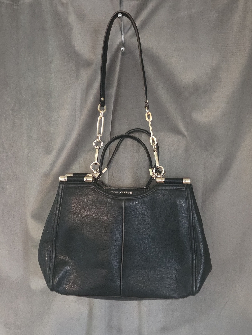 Vintage Coach Black Leather Satchel with Silver Chain Accents - Picture 1 of 13
